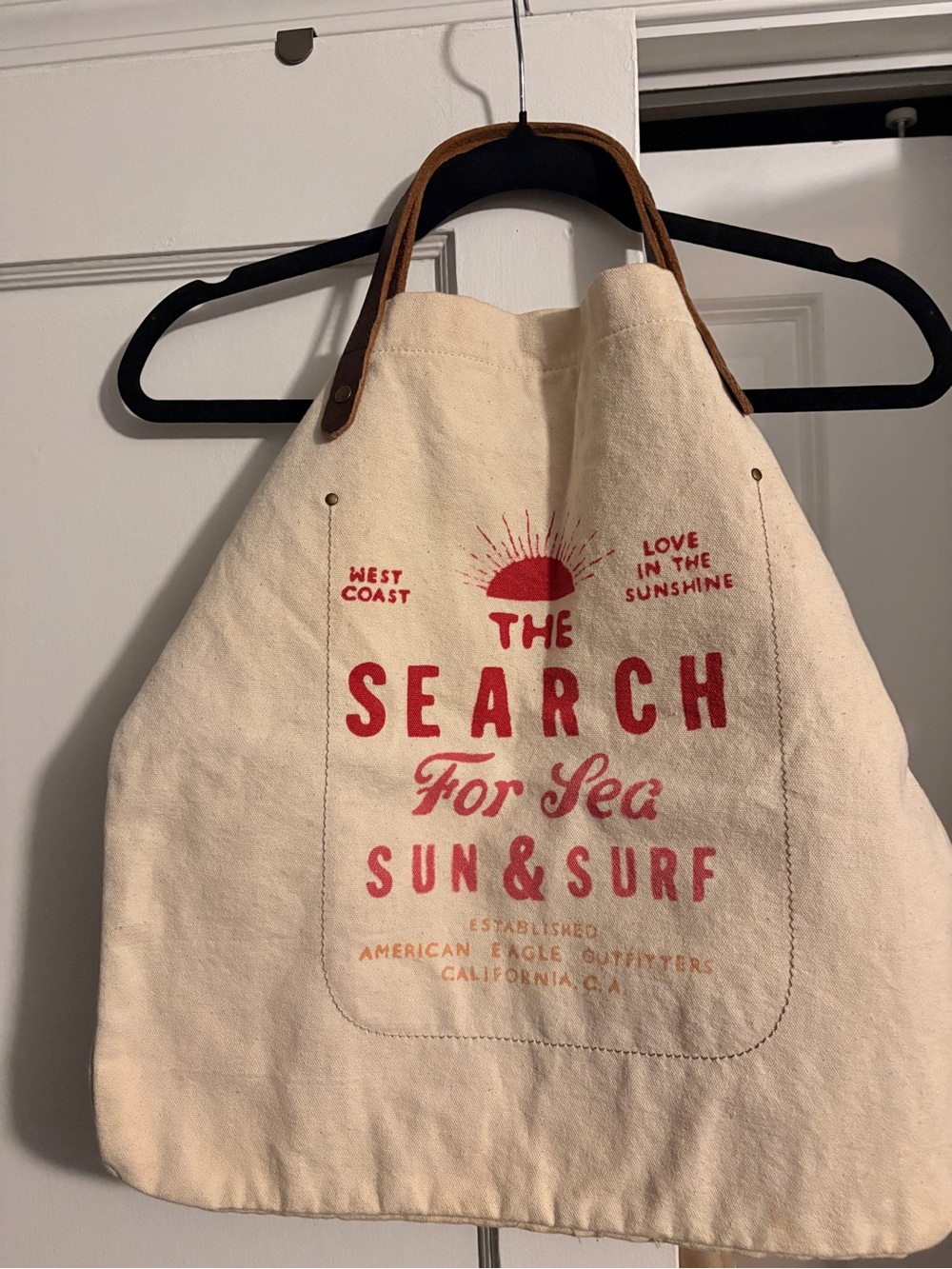 American Eagle Outfitters Cream Canvas Tote with Red Print and Brown Handles